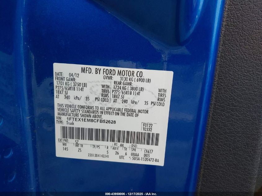 2012 Ford F-150 Xlt VIN: 1FTEX1EM8CFB52628 Lot: 43950006