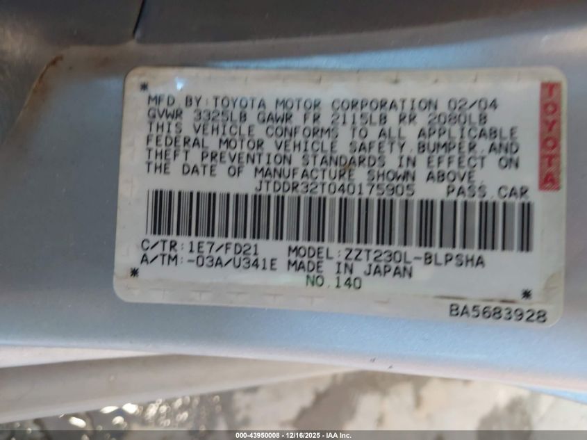 2004 Toyota Celica Gt VIN: JTDDR32T040175905 Lot: 43950008