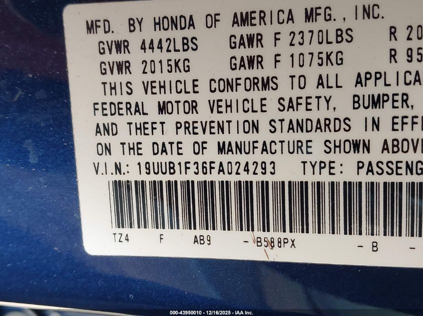 2015 Acura Tlx VIN: 19UUB1F36FA024293 Lot: 43950010