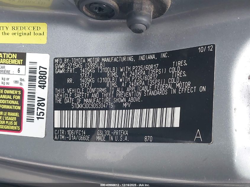 2013 Toyota Sienna Le V6 8 Passenger VIN: 5TDKK3DC9DS304715 Lot: 43950012