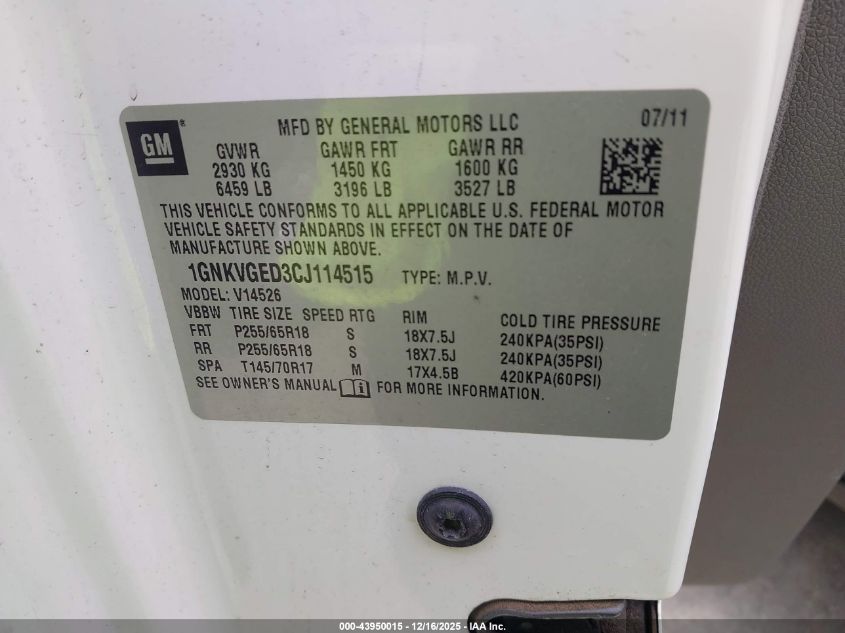 2012 Chevrolet Traverse 1Lt VIN: 1GNKVGED3CJ114515 Lot: 43950015