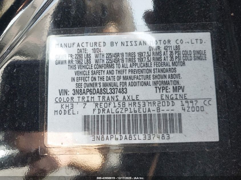 2025 Nissan Kicks Sr Fwd VIN: 3N8AP6DA8SL337483 Lot: 43950019