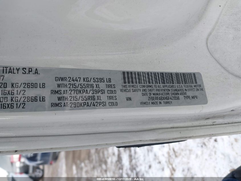 2017 Ram Promaster City Tradesman VIN: ZFBERFABXH6F42056 Lot: 43950018