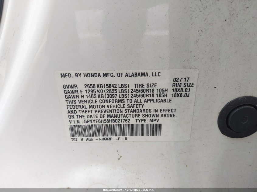 2017 Honda Pilot Ex-L VIN: 5FNYF6H58HB021762 Lot: 43950021