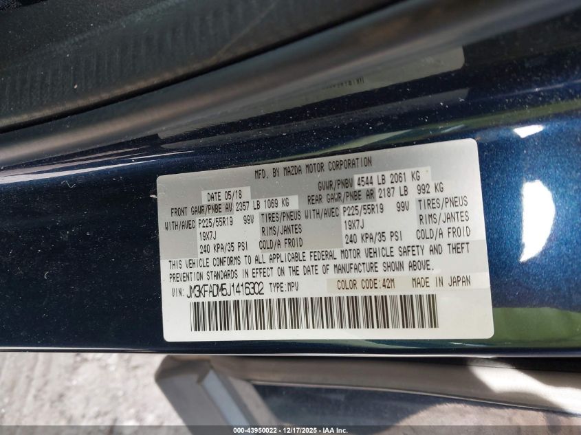 2018 Mazda Cx-5 Grand Touring VIN: JM3KFADM5J1416302 Lot: 43950022