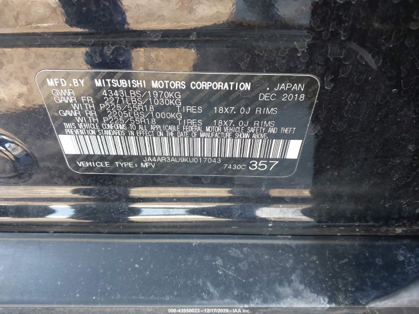 2019 Mitsubishi Outlander Sport 2.0 Se VIN: JA4AR3AU9KU017043 Lot: 43950023