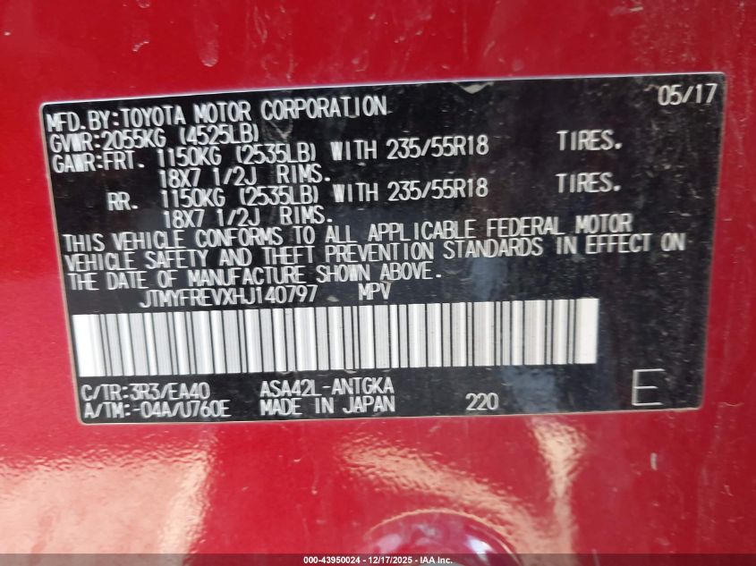 2017 Toyota Rav4 Limited VIN: JTMYFREVXHJ140797 Lot: 43950024