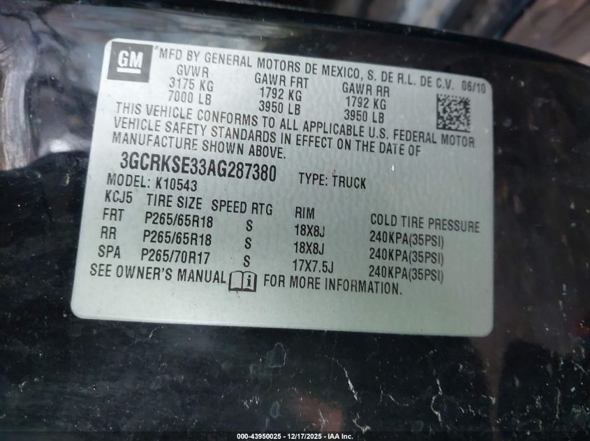 2010 Chevrolet Silverado 1500 Lt VIN: 3GCRKSE33AG287380 Lot: 43950025