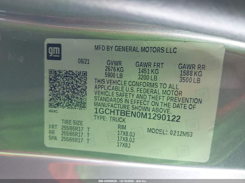 2021 Chevrolet Colorado 4Wd Long Box Wt VIN: 1GCHTBEN0M1290122 Lot: 43950026