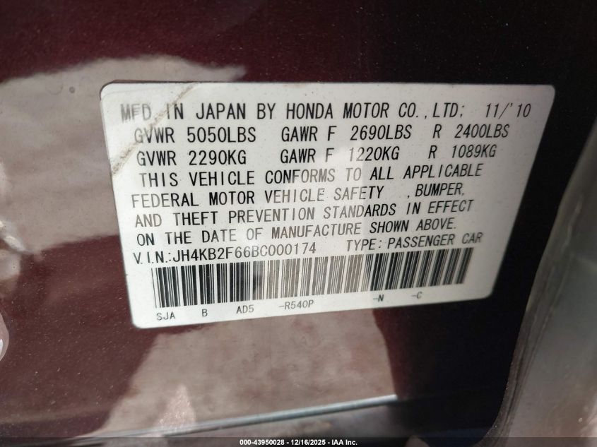 2011 Acura Rl 3.7 VIN: JH4KB2F66BC000174 Lot: 43950028