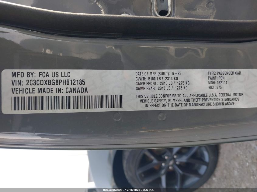 2023 Dodge Charger Sxt VIN: 2C3CDXBG8PH612185 Lot: 43950029