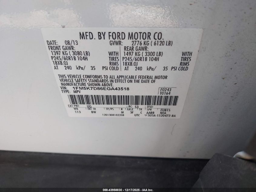 2014 Ford Explorer Xlt VIN: 1FM5K7D86EGA43518 Lot: 43950030