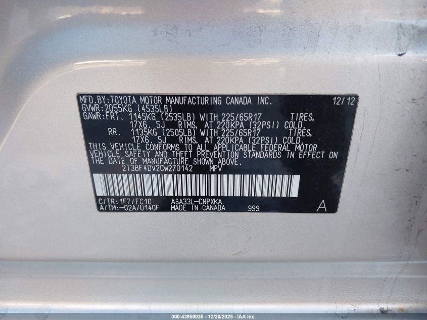 2012 Toyota Rav4 VIN: 2T3BF4DV2CW270142 Lot: 43950035