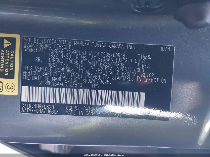 2012 Lexus Rx 350 VIN: 2T2BK1BA4CC127810 Lot: 43950039