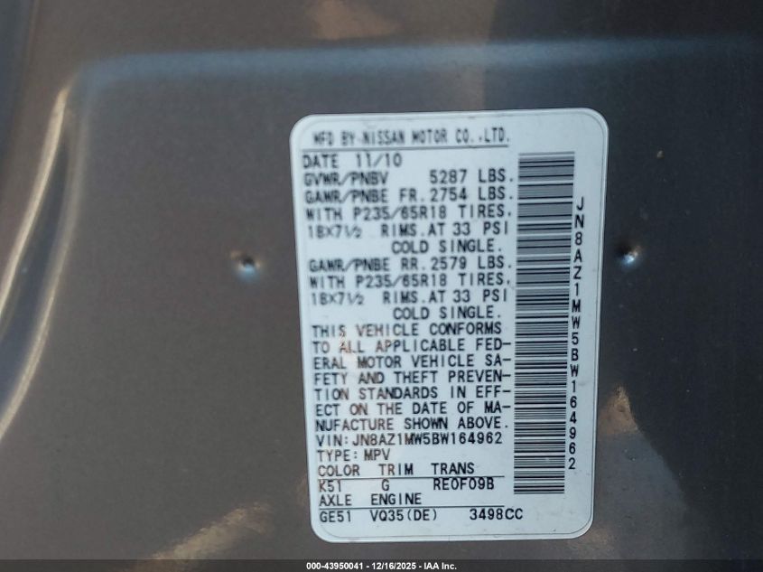 2011 Nissan Murano S VIN: JN8AZ1MW5BW164962 Lot: 43950041