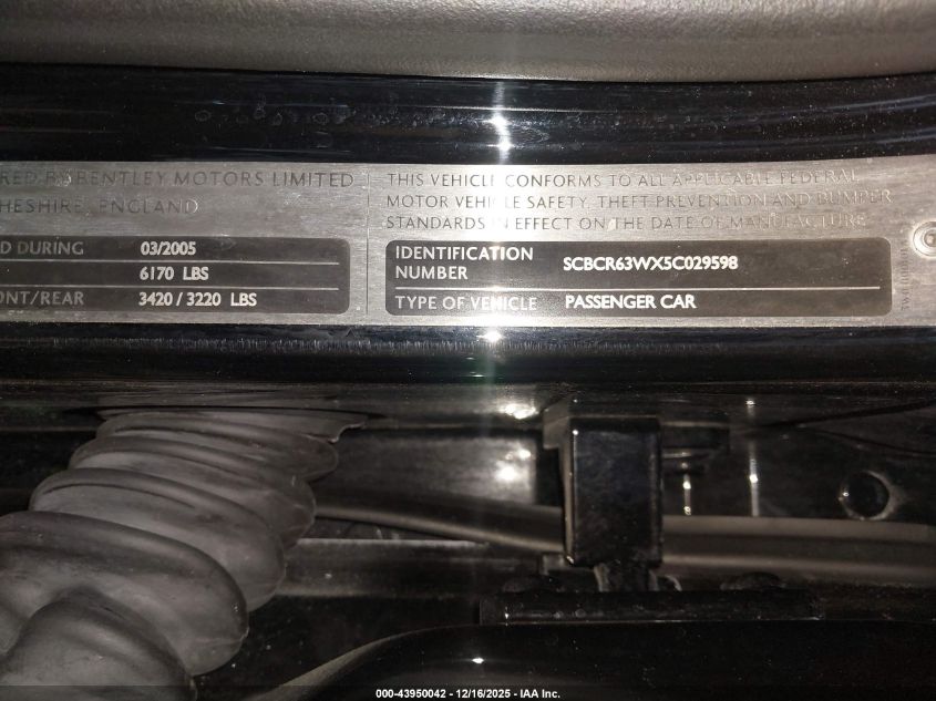 2005 Bentley Continental Gt VIN: SCBCR63WX5C029598 Lot: 43950042