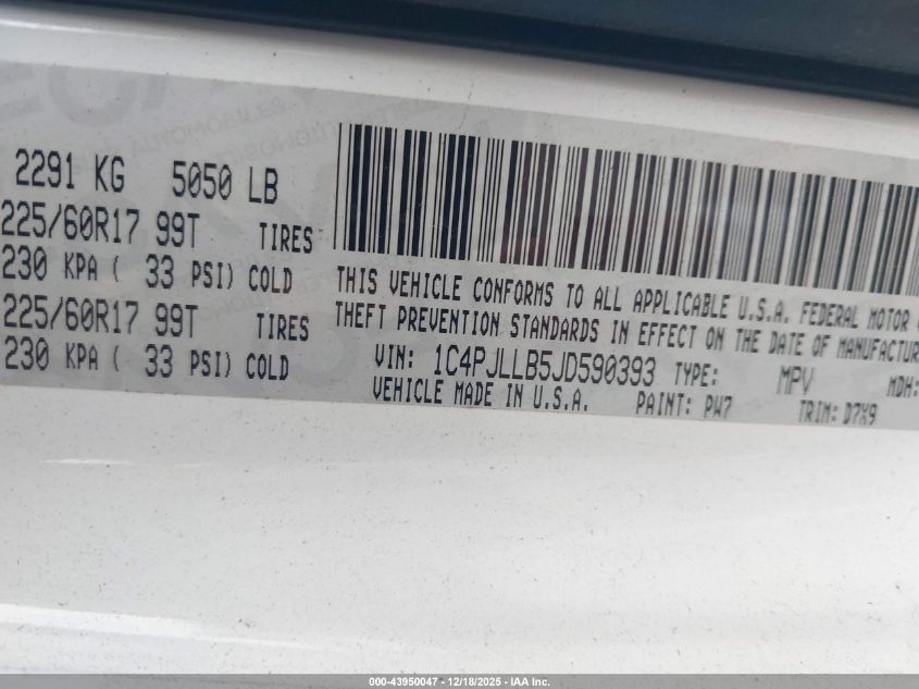 2018 Jeep Cherokee Latitude Plus Fwd VIN: 1C4PJLLB5JD590393 Lot: 43950047