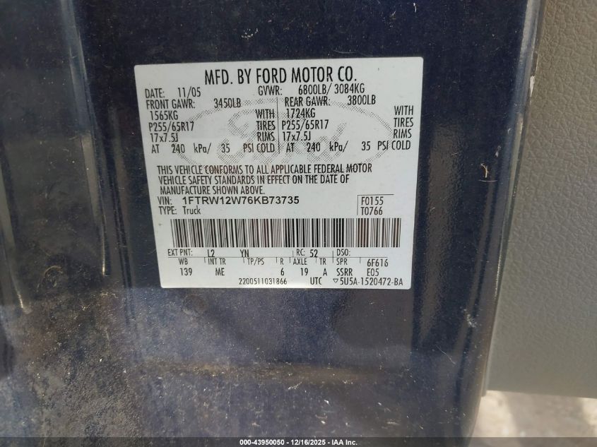 2006 Ford F-150 Xlt VIN: 1FTRW12W76KB73735 Lot: 43950050