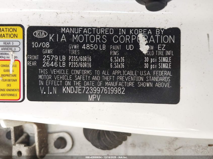 2009 Kia Sportage Ex V6 VIN: KNDJE723997619982 Lot: 43950054