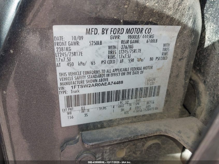 2010 Ford F-250 King Ranch/Lariat/Xl/Xlt VIN: 1FTSW2AR0AEA74488 Lot: 43950056