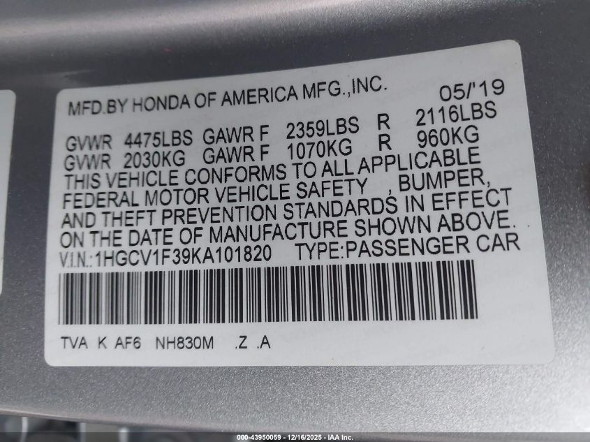 2019 Honda Accord Sport VIN: 1HGCV1F39KA101820 Lot: 43950059
