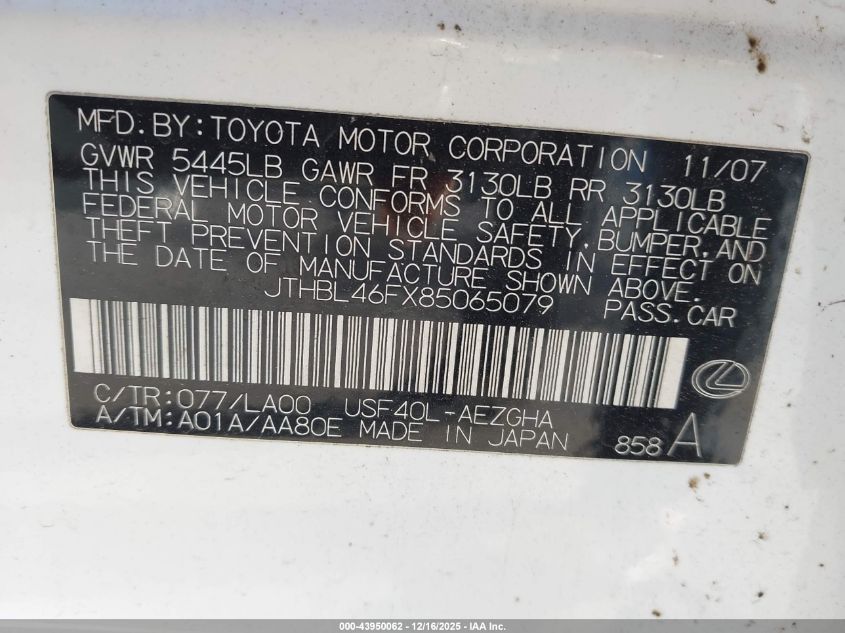 2008 Lexus Ls 460 VIN: JTHBL46FX85065079 Lot: 43950062
