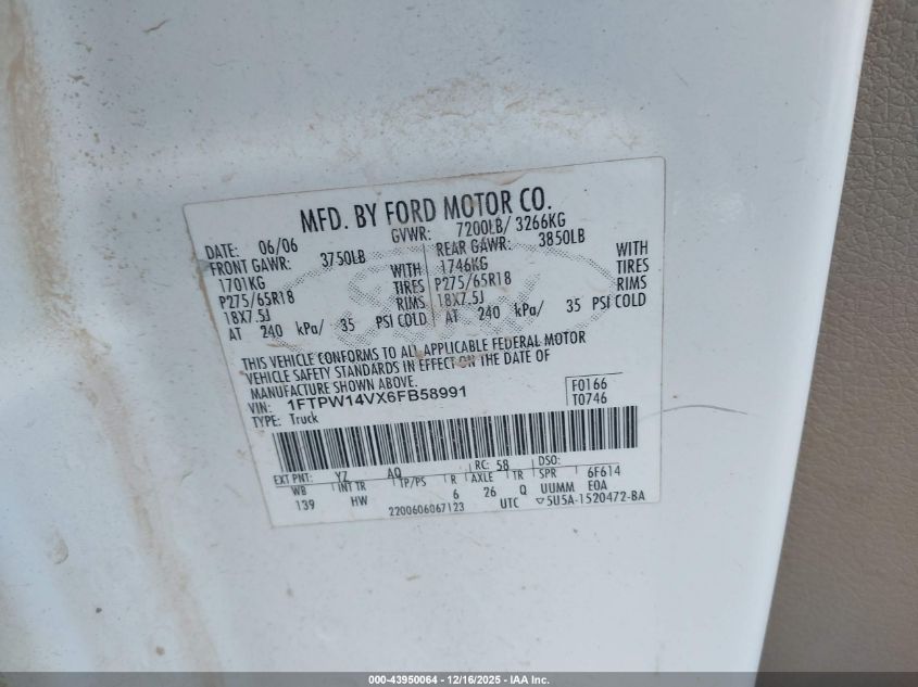 2006 Ford F-150 Fx4/Lariat/Xlt VIN: 1FTPW14VX6FB58991 Lot: 43950064