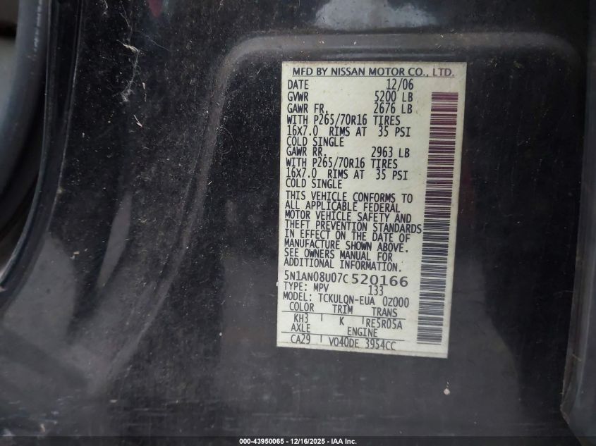 2007 Nissan Xterra X VIN: 5N1AN08U07C520166 Lot: 43950065