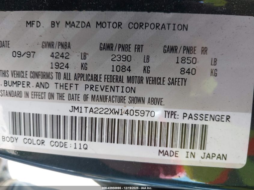 1998 Mazda Millenia S VIN: JM1TA222XW1405970 Lot: 43950066