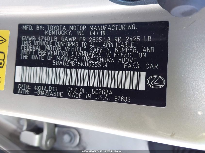 2019 Lexus Es 350 VIN: 58ABZ1B15KU035594 Lot: 43950067