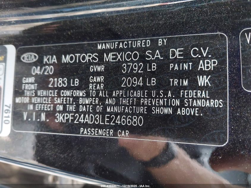 2020 Kia Forte Lxs VIN: 3KPF24AD3LE246680 Lot: 43950071