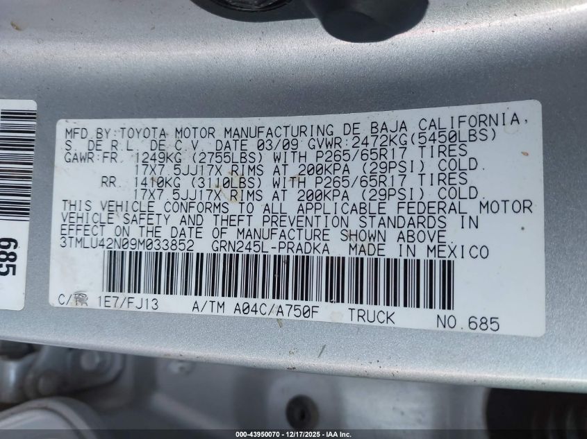 2009 Toyota Tacoma Base V6 VIN: 3TMLU42N09M033852 Lot: 43950070