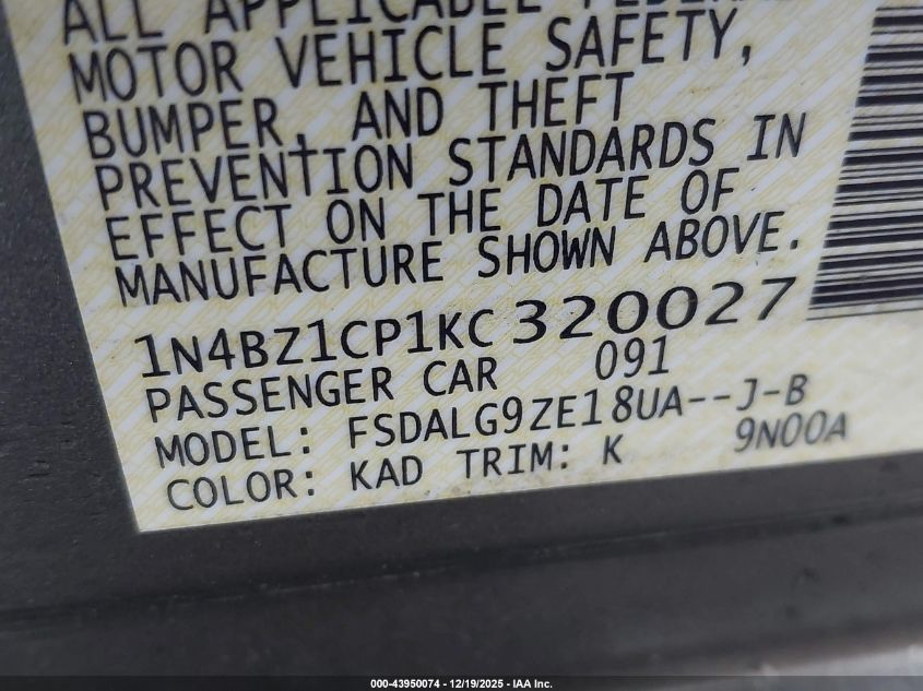 2019 Nissan Leaf Sl Plus VIN: 1N4BZ1CP1KC320027 Lot: 43950074