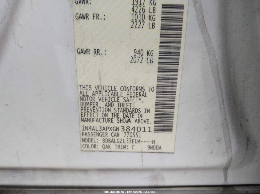 2016 Nissan Altima 2.5 S VIN: 1N4AL3APXGN384011 Lot: 43950076