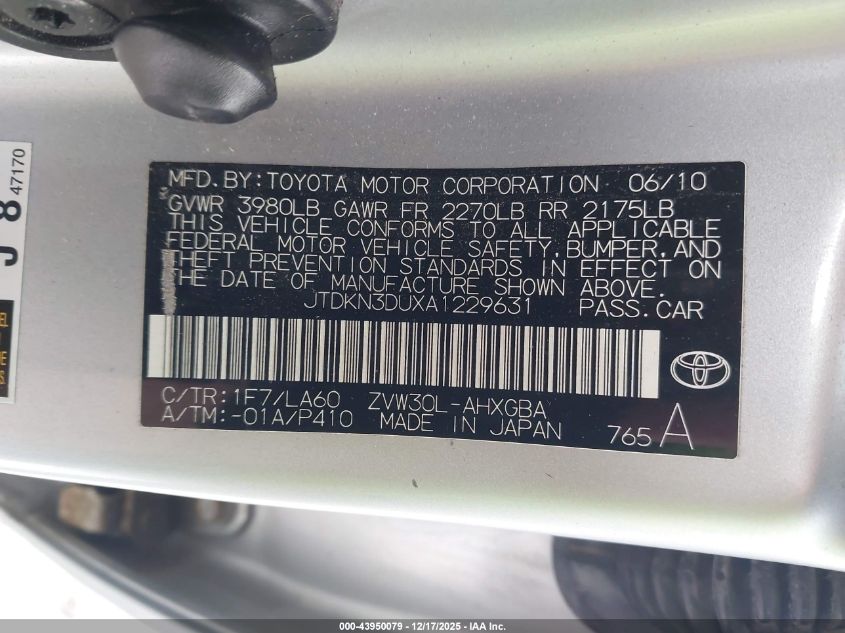 2010 Toyota Prius Iv VIN: JTDKN3DUXA1229631 Lot: 43950079