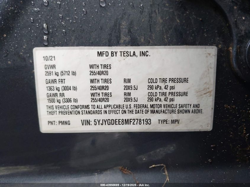 2021 Tesla Model Y Long Range Dual Motor All-Wheel Drive VIN: 5YJYGDEE8MF278193 Lot: 43950089