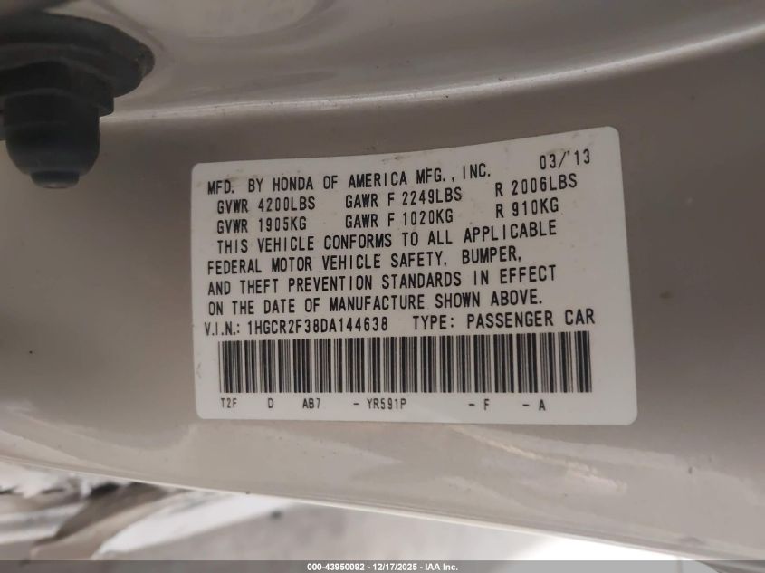 2013 Honda Accord Lx VIN: 1HGCR2F38DA144638 Lot: 43950092