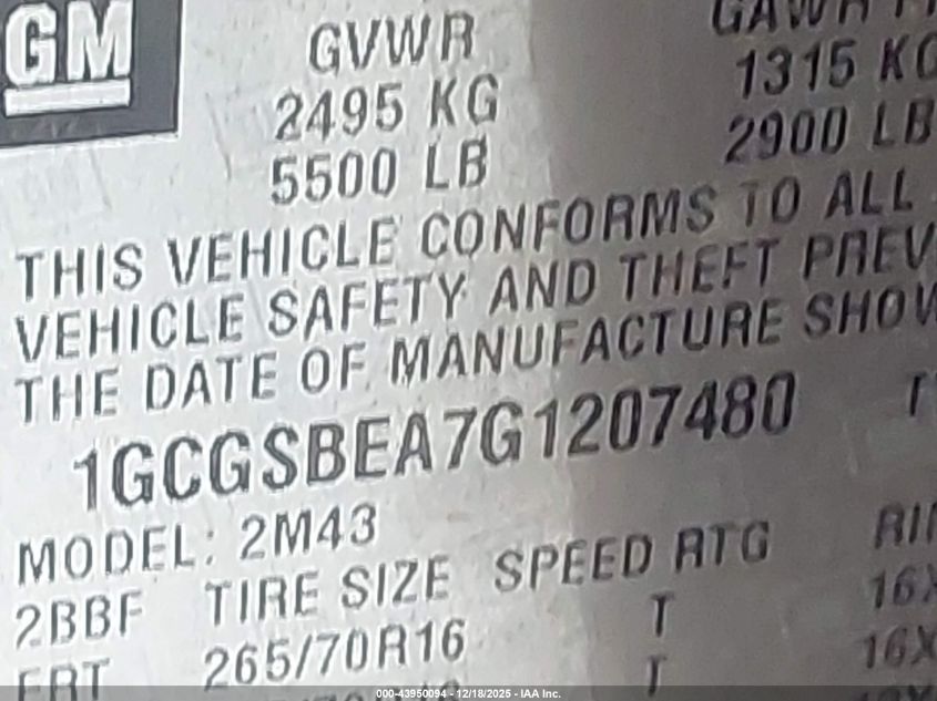 2016 Chevrolet Colorado Wt VIN: 1GCGSBEA7G1207480 Lot: 43950094