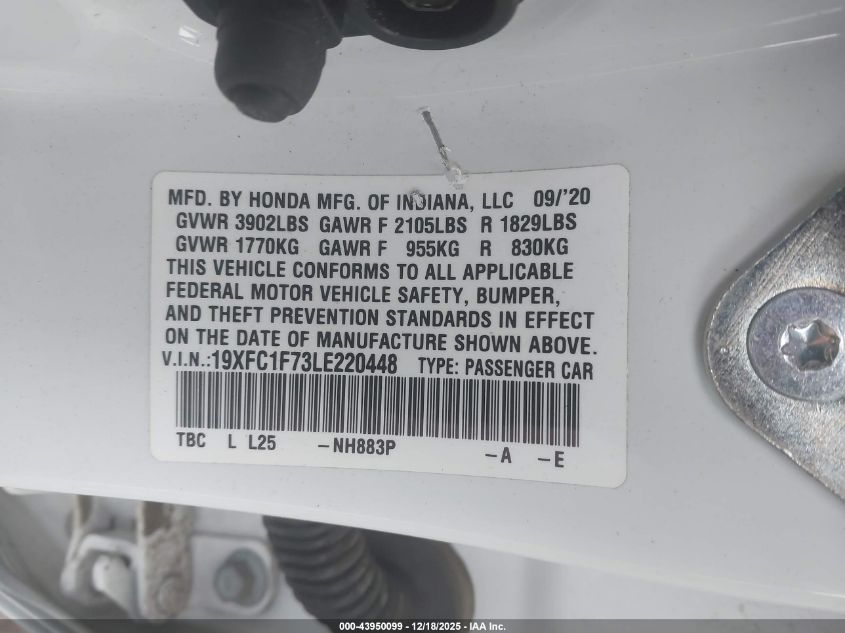 2020 Honda Civic Ex-L VIN: 19XFC1F73LE220448 Lot: 43950099
