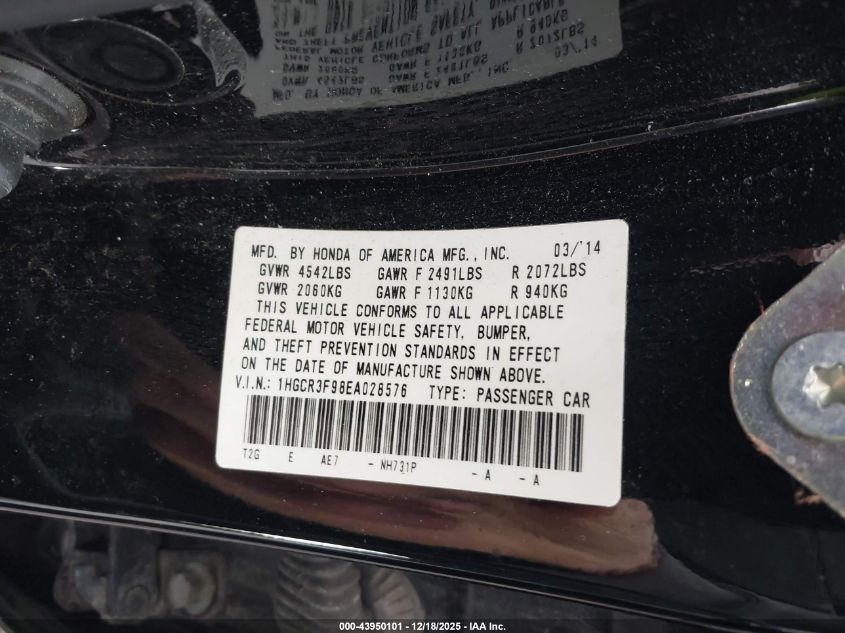 2014 Honda Accord Touring VIN: 1HGCR3F98EA028576 Lot: 43950101