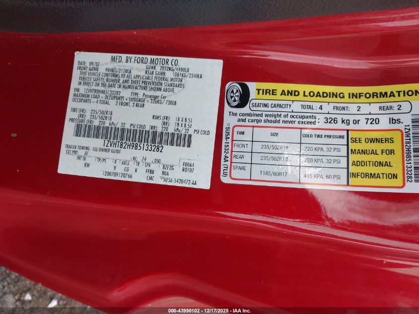 2008 Ford Mustang Gt Deluxe/Gt Premium VIN: 1ZVHT82H985133282 Lot: 43950102