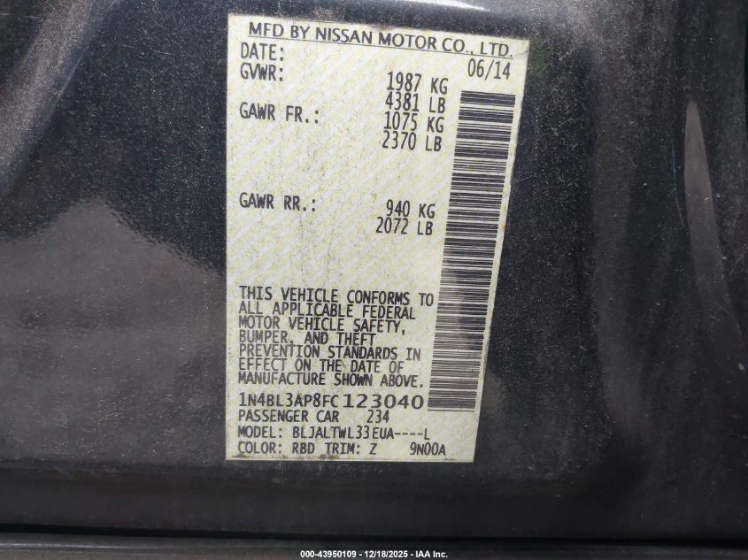 2015 Nissan Altima 3.5 Sl VIN: 1N4BL3AP8FC123040 Lot: 43950109