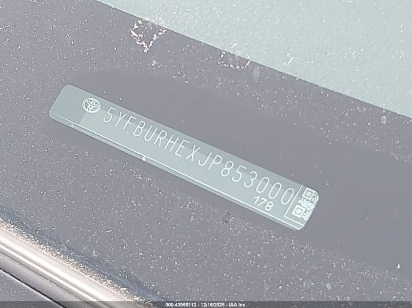 2018 Toyota Corolla Le VIN: 5YFBURHEXJP853000 Lot: 43950112