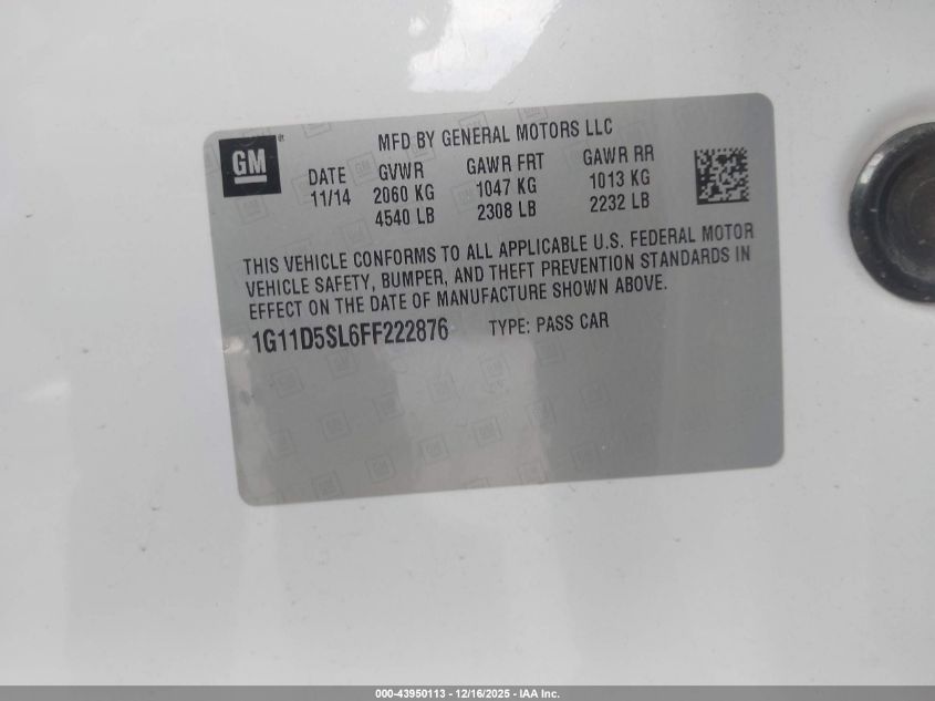 2015 Chevrolet Malibu 2Lt VIN: 1G11D5SL6FF222876 Lot: 43950113