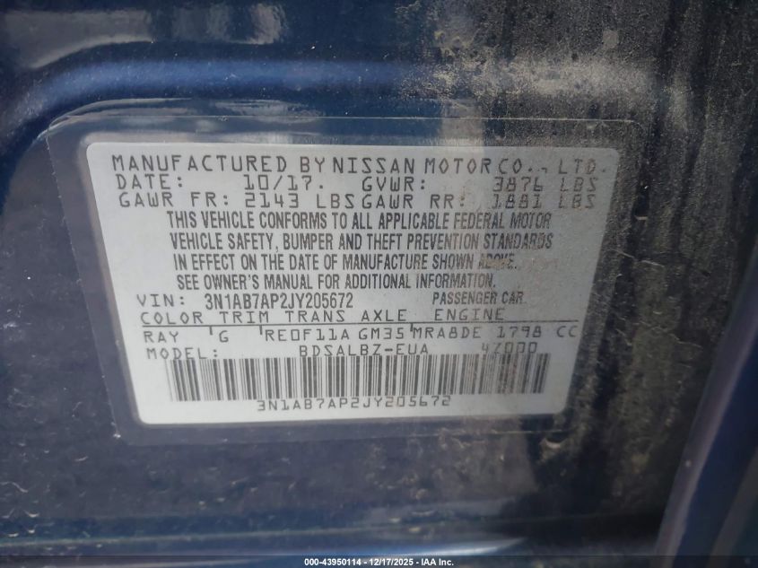 2018 Nissan Sentra S VIN: 3N1AB7AP2JY205672 Lot: 43950114