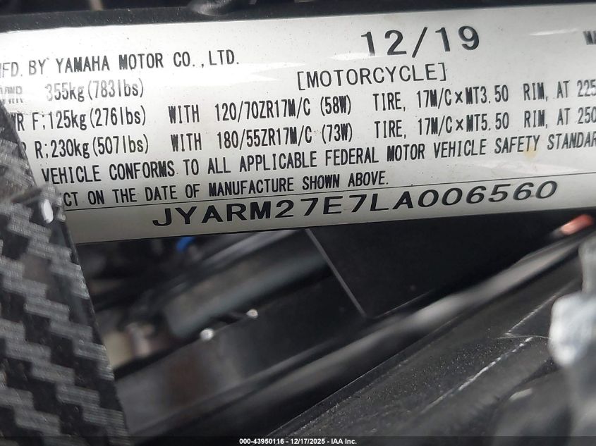 2020 Yamaha Mt07 VIN: JYARM27E7LA006560 Lot: 43950116