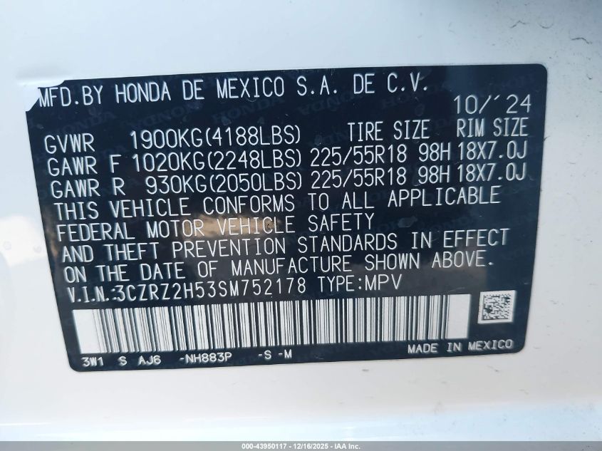 2025 Honda Hr-V Awd Sport VIN: 3CZRZ2H53SM752178 Lot: 43950117