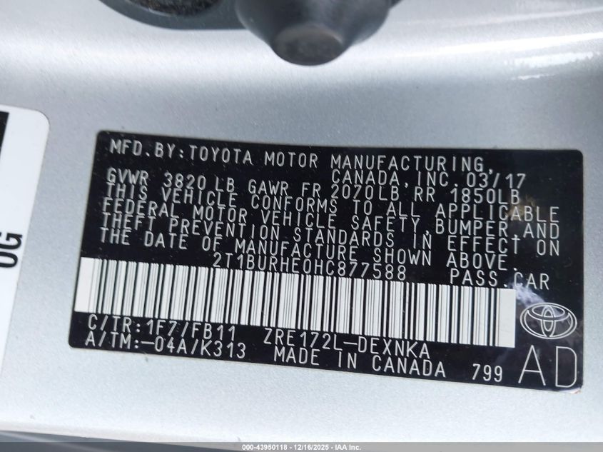 2017 Toyota Corolla Le VIN: 2T1BURHE0HC877588 Lot: 43950118