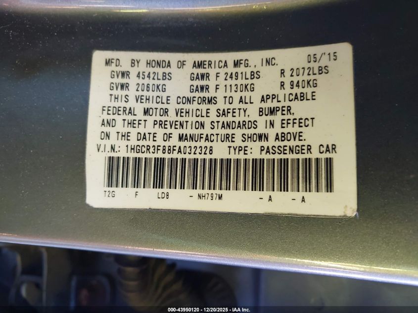 2015 Honda Accord Ex-L V-6 VIN: 1HGCR3F88FA032328 Lot: 43950120