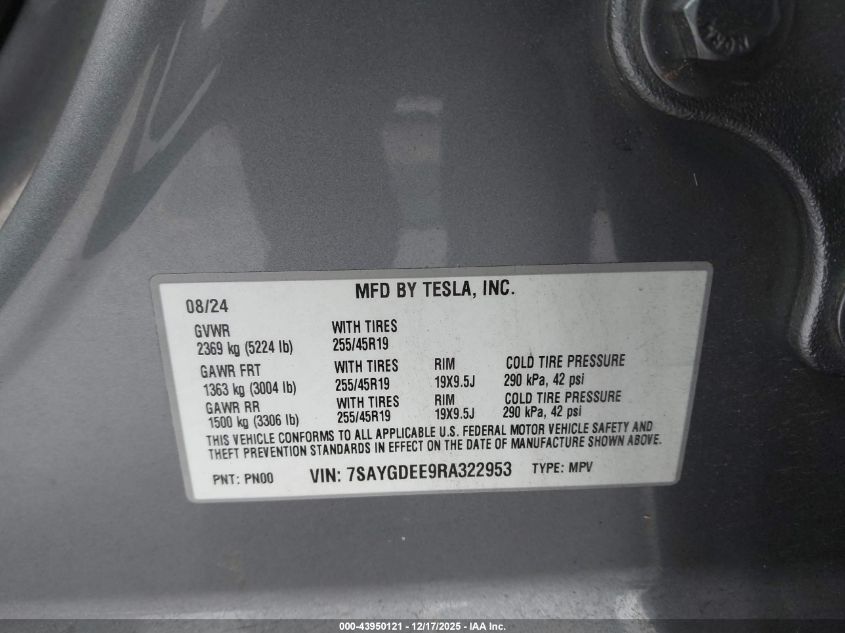 2024 Tesla Model Y Long Range Dual Motor All-Wheel Drive VIN: 7SAYGDEE9RA322953 Lot: 43950121